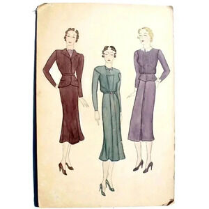 Vintage 1930s 1940s MCM Mod Sketch Etching Drawing Fashion Template Swatch